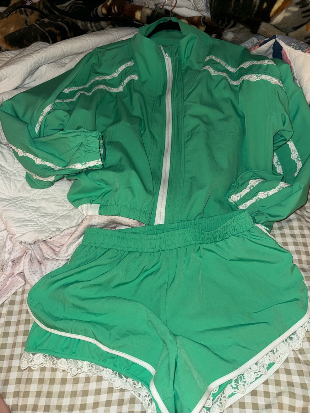Altard state Women's Green Lace-Trim Track Jacket & Shorts Set